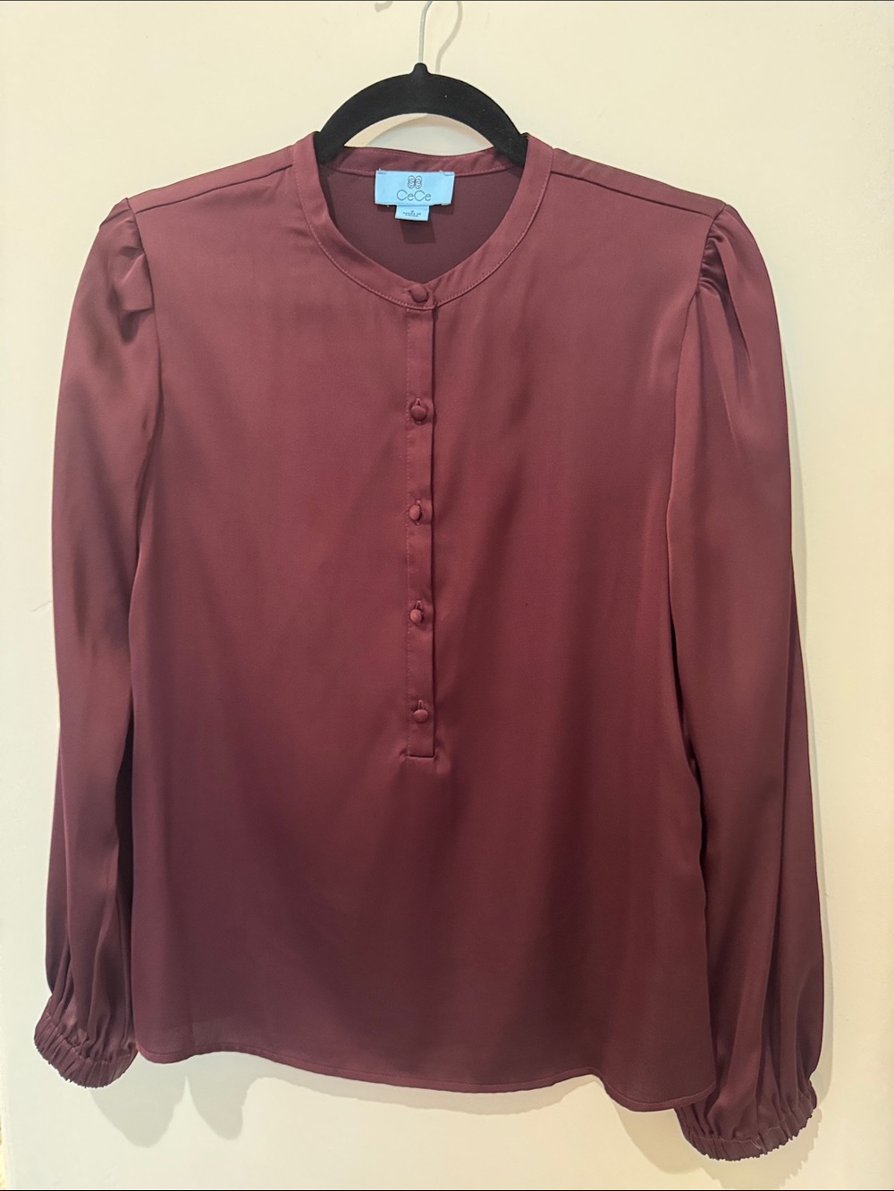 CeCe Burgandy Button-Front Long-Sleeve Blouse